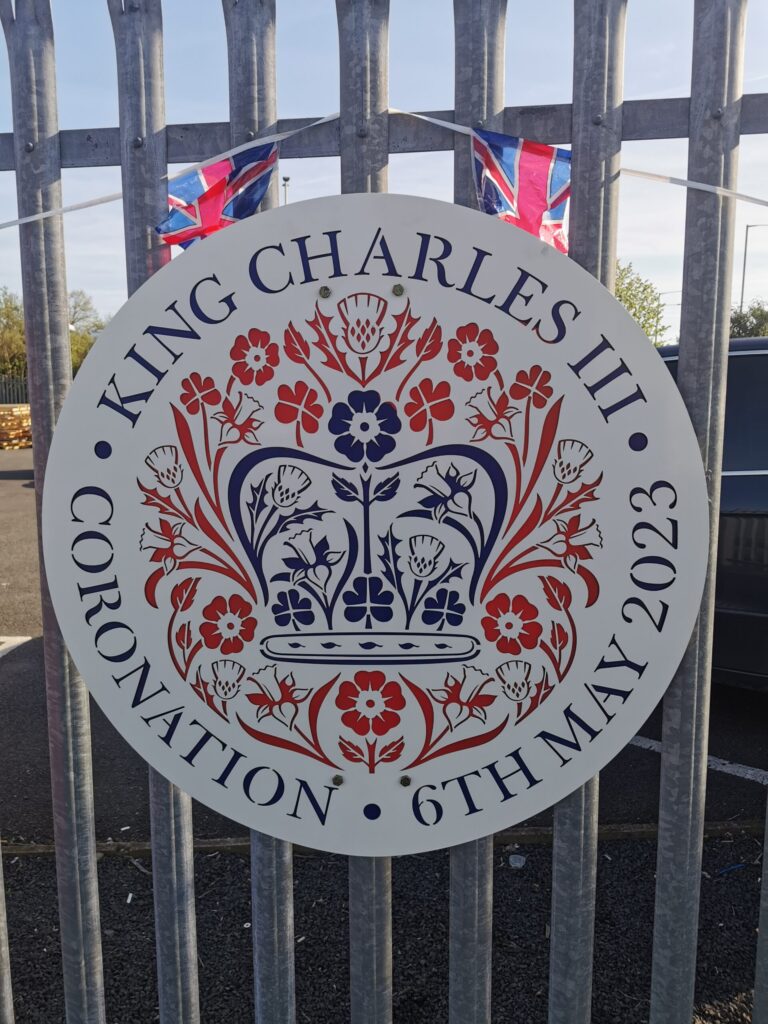 The Kings Coronation panel, laser cut ad powder coated steel