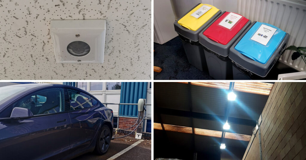 A collection of energy efficient savings made including electric cars, recycling bins, PIR sensors and LED lighting Reducing our carbon footprint