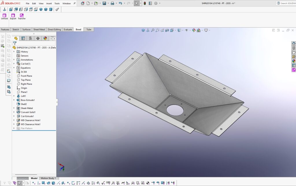 solid works software creating a 3d visual of the bent part