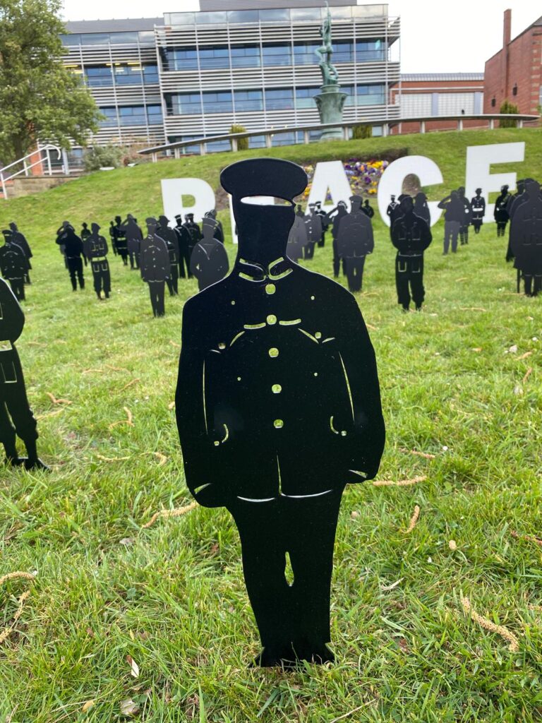Peace monument in Dudley honoring remembrance through metalwork